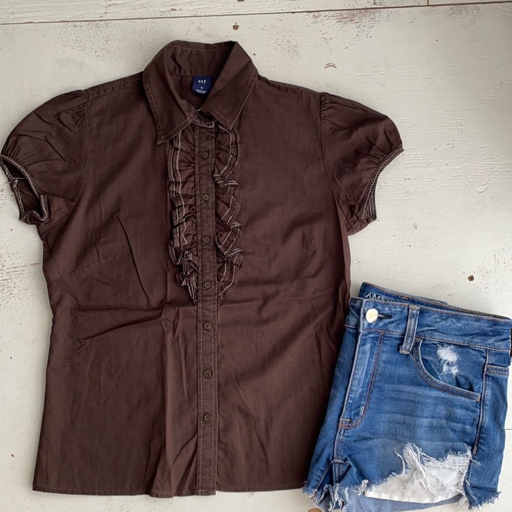 [ Gap Dark Brown Ruffled Front Button Down ] Small - image 1